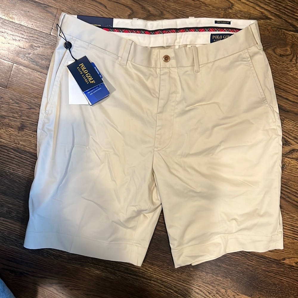 RL khaki golf shorts.